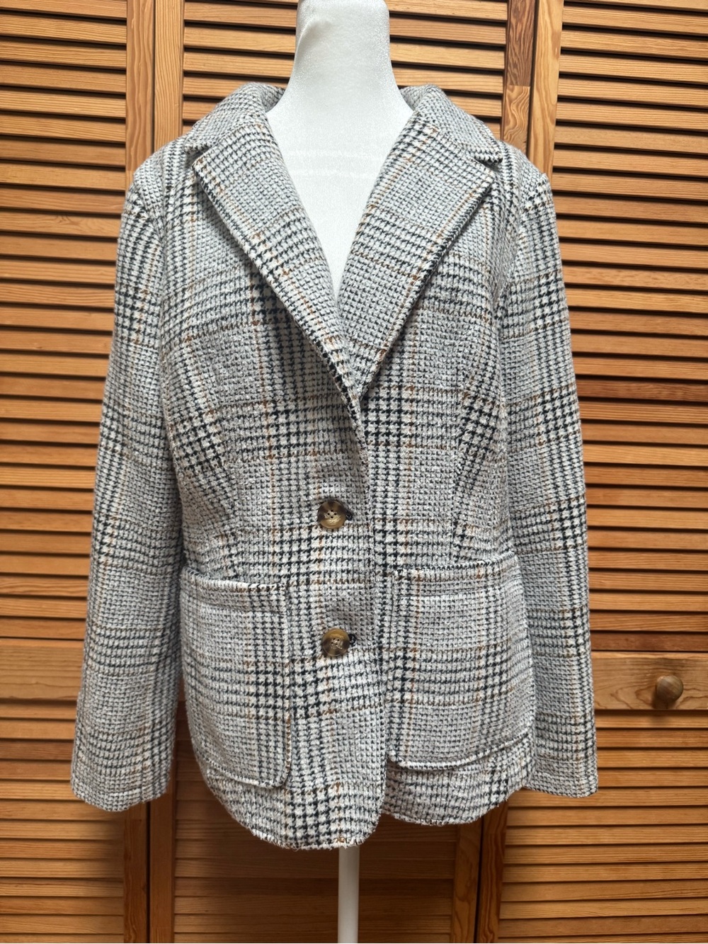 St. John's Bay Ivory Plaid Woolen Tweed Blazer Jacket Women’s Size L Old Money
